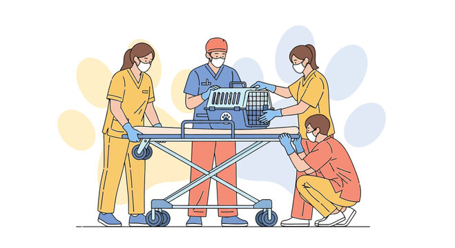 Veterinary Team Caring for Animal Patient on Stretcher in Clinic