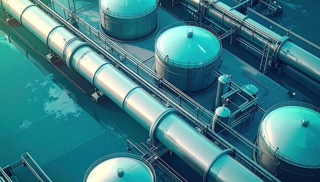 Industrial complex with tanks and pipelines, aerial perspective, bluish tone