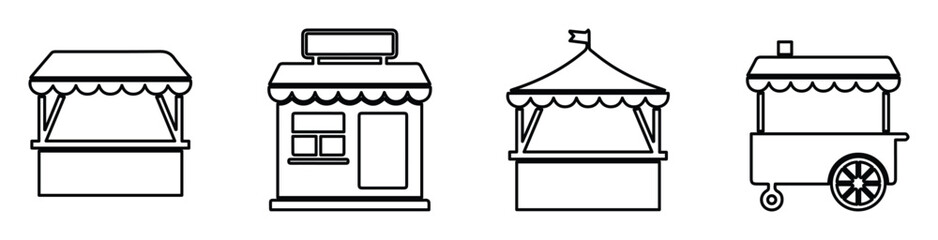 Minimalist market stall icons set, 4 black outline street food kiosks, carnival tent and mobile vendor cart vectors for festival maps and retail apps © Farah-Studio