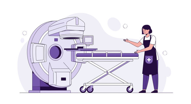 Radiotherapy Machine and Nurse in Hospital Room - Cancer Treatment Concept