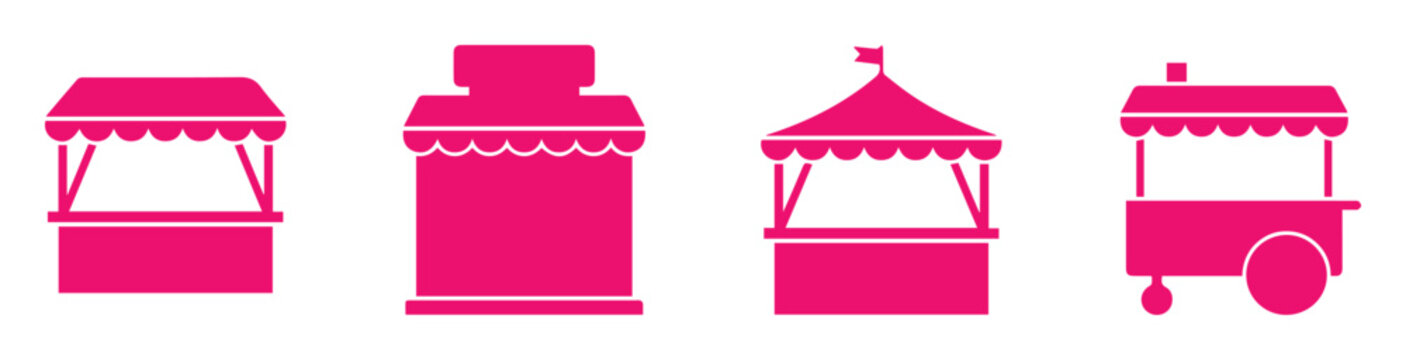 Pink street food stall icons, set of 4 market booth vector silhouettes, festival kiosk and carnival stand graphics for event planning