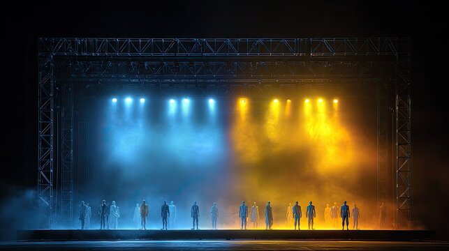 Performers stand on a stage lit by blue and orange spotlights in haze
