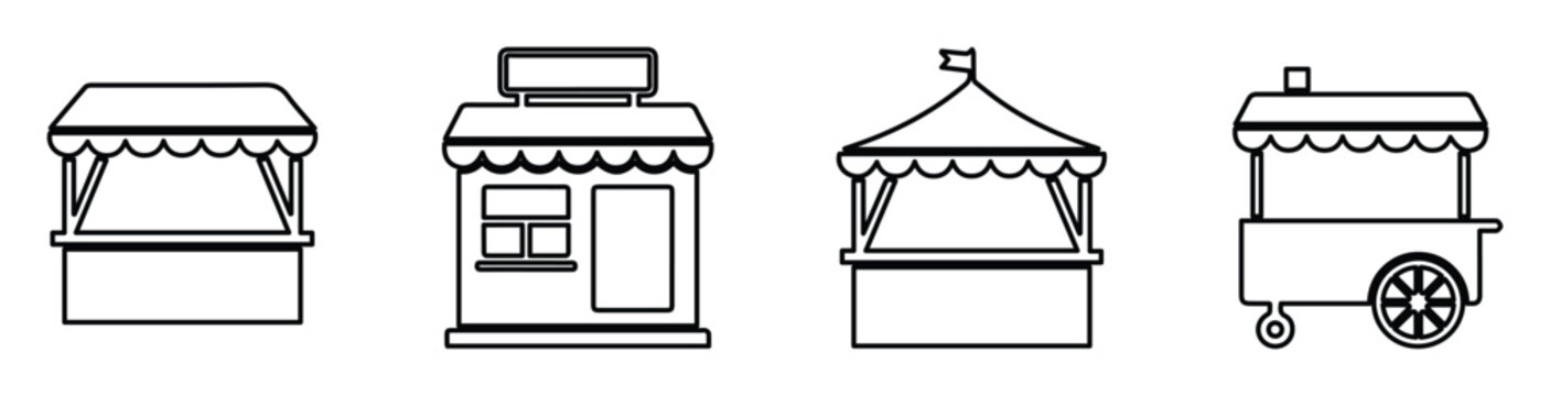 Minimalist market stall icons set, 4 black outline street food kiosks, carnival tent and mobile vendor cart vectors for festival maps and retail apps