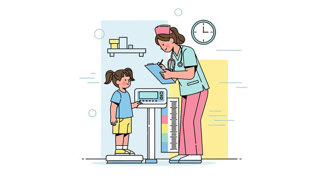 Pediatrician weighing child on scale during medical checkup in clinic