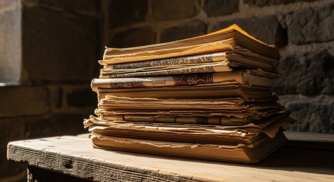 A tall stack of old, worn books rests on a wooden surface bathed in sunlight, evoking a sense of history and knowledge.