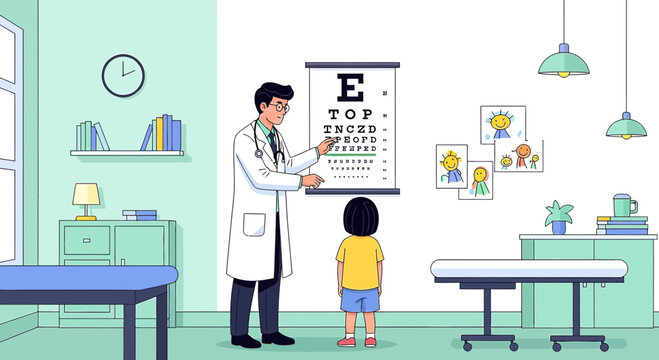 Pediatrician examining child's vision with eye chart in clinic