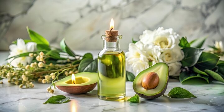 A luxurious bottle of avocado oil sits on a marble countertop, surrounded by candles and flowers, with a subtle hint of greenery , creamy texture, glass bottle