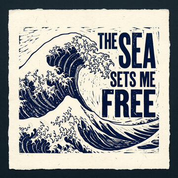Woodblock print style wave graphic art with inspirational typography