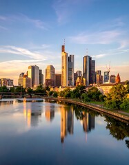 Fototapeta premium A serene cityscape at sunrise with skyscrapers and a calm lake