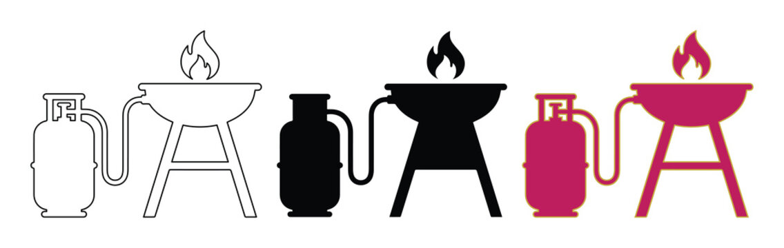 Gas grill icons with propane tank and flame, outdoor barbecue equipment set, minimalist BBQ vector graphics for summer cookout and camping