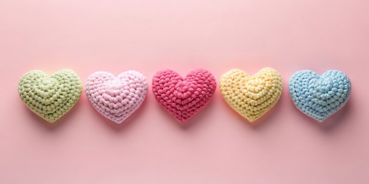 Soft yarn crochet hearts in pastel hues on a minimalist pink background, fiber art, pink background