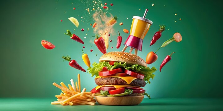 Juicy hamburger with flying ketchup bottle and fries exploding into the air, surrounded by colorful utensils and toppings, snack attack, juicy goodness