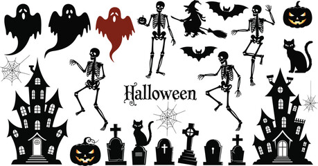 Fototapeta premium Flat Vector Silhouette Set: Ghosts, Skeletons, and Haunted Houses