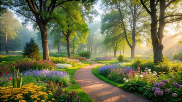 Serene West Park landscape featuring lush greenery and winding paths surrounded by tall trees and vibrant wildflowers in a misty morning atmosphere, peaceful ambiance, west park