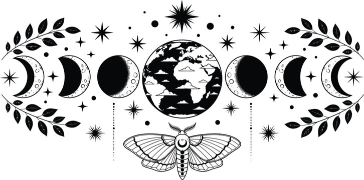 Celestial illustration with moon phases earth moth and botanical elements