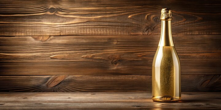 Elegant champagne bottle with golden foil on a wooden table background, elegance, champagne,  elegance