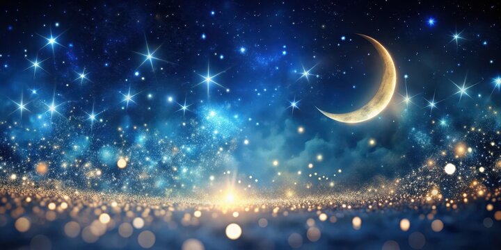 Vast starry night sky with a crescent moon and constellations in soft focus, creating a dreamy bokeh effect in a midnight blue background, universe, atmospheric effect