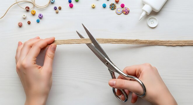 Close-up of a person's hands using scissors to cut a piece of natural jute twine on a white wooden table, surrounded by various colorful beads and craft supplies.