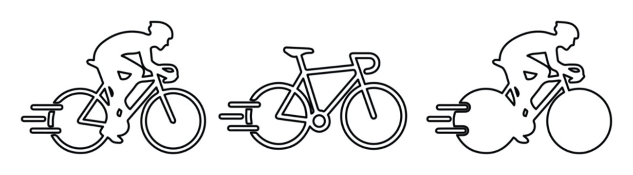 Minimalist bicycle racing icons set, professional cyclist line art, speed motion bike vector graphics for triathlon and cycling competition branding