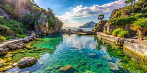 Obraz premium Warm waters of thermal pool surrounded by natural rock formations and lush greenery on the island of Ischia, tranquil ambiance, rock formations