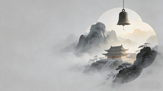 Ancient Chinese temple on misty mountains with hanging bronze bell