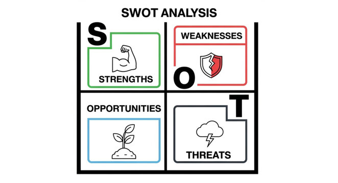 SWOT analysis diagram with strengths weaknesses opportunities and threats.