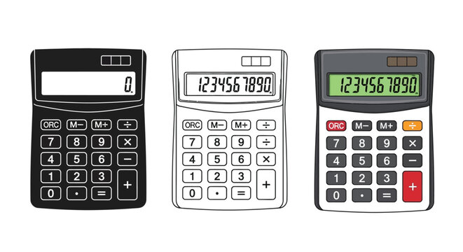 Three different calculator styles displayed in a flat vector design set for various office work
