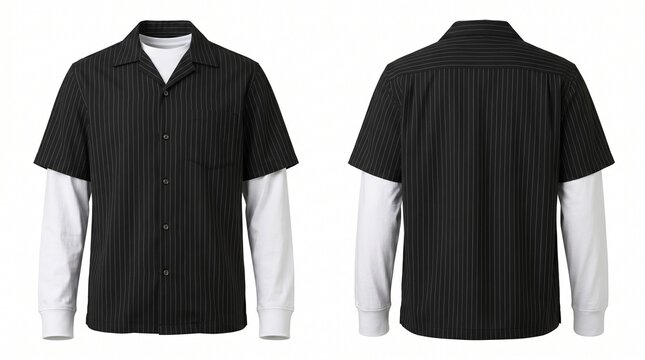 Front and back view of a black short-sleeved shirt with white long