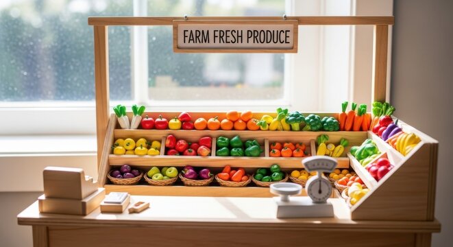 Miniature farm fresh produce market stall with pretend fruits and vegetables display