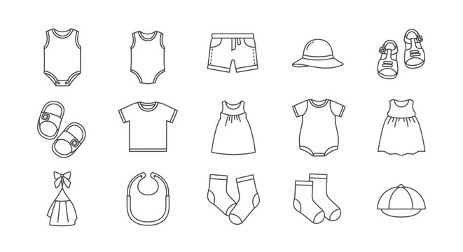 Baby clothes line art minimalist outfits and accessories illustration