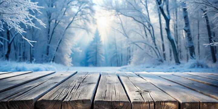 Frosty wood planks on a cold winter day, winter scene, abstract background,  winter scene