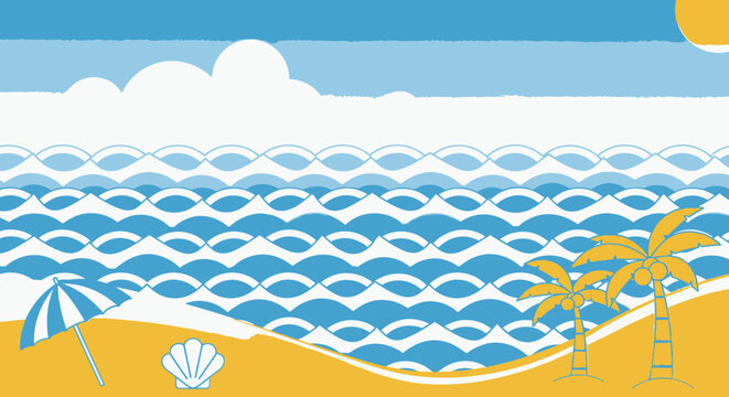 Beach scene illustration blue ocean palm trees beach umbrella and seashell