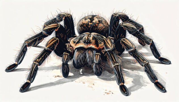 Detailed Close-Up Illustration of a Hairy Tarantula Spider.