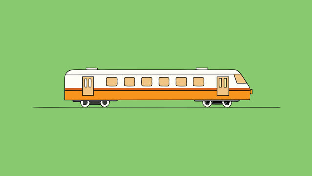 Passenger train travels along the tracks in a simple flat design style.