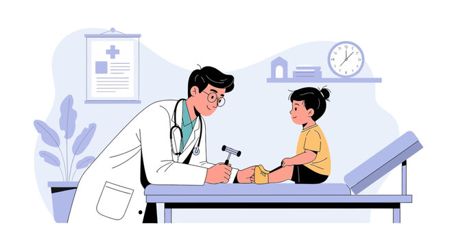 Pediatrician examines child's knee reflex on examination table in clinic