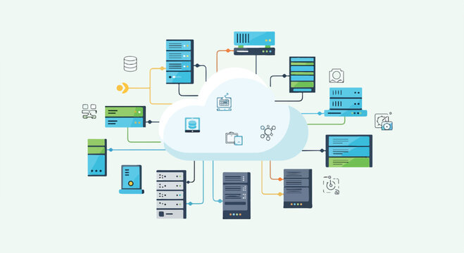 Cloud computing network with various servers and devices