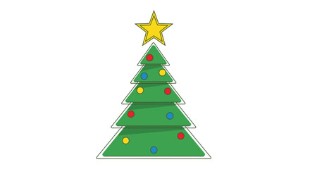 Fototapeta premium Cartoon christmas tree decorated with ornaments and a star on white background