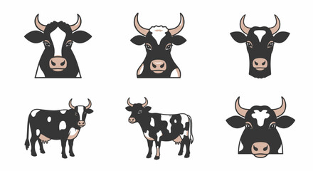 Obraz premium Cartoon cows diverse styles of cattle in black and white vector illustrations