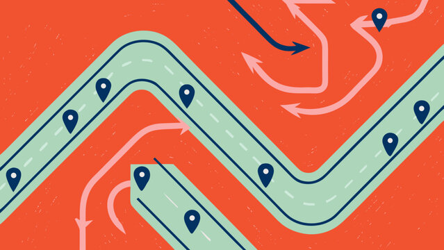 Location markers align along a zigzagging road path on a textured background.