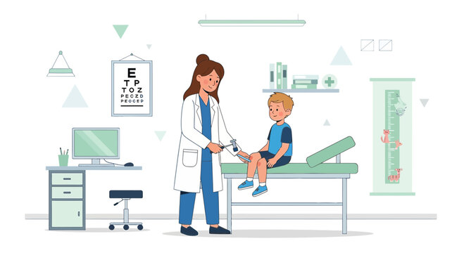 Pediatrician examines young boy's knee reflex with reflex hammer in clinic examination room.