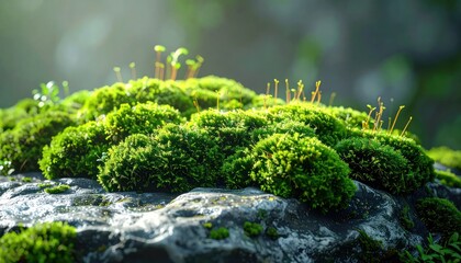 Fototapeta premium Close-up of vibrant green moss growing on a textured rock surface.