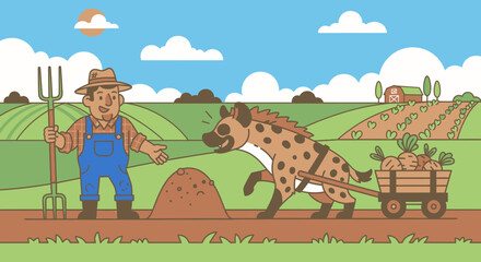 Fototapeta premium Cartoon farmer and hyena working in a field with a cart of carrots