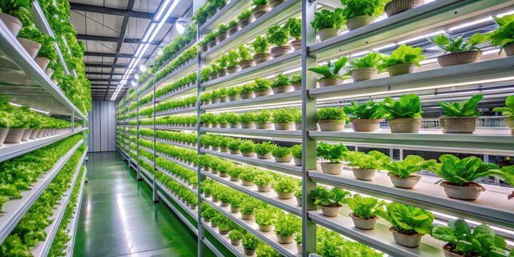 A large hydroponic system with vertically stacked grow towers and LED grow lights illuminating rows of lush green leafy vegetables, soilless cultivation, plant growth