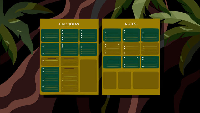 Calendar and notes template displays organizational schedules with tropical leaf elements.