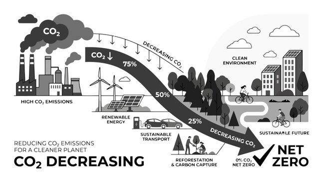 CO2 decreasing infographic showing industrial emissions reduced to net zero for a cleaner planet isolated on white background.