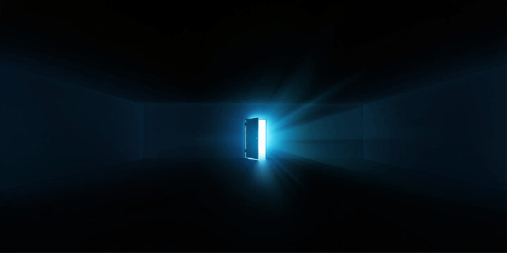 A neon blue icon glows like a 3d door to heaven, acting as a symbolic light in the dark night design illustration