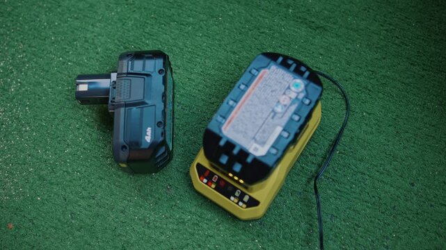 Battery being inserted into charger for power tool close up creating process of equipment preparation and battery charging for construction tasks