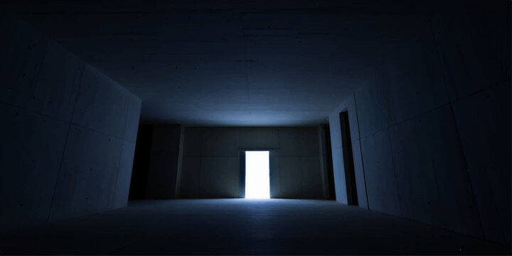 An empty 3d interior render of an open door in a dark room corridor creating a conceptual light in the darkness of a modern home office building architecture design