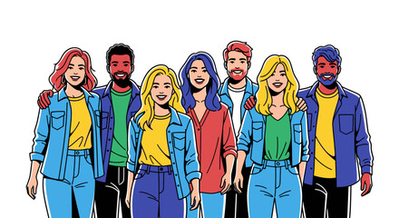 Obraz premium Diverse group of people smiling and posing in cartoon illustration style