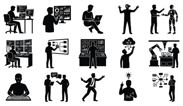 Artificial Intelligence and Technology Workflow Silhouette Icons Set, Developers, Automation, Data Analytics and Business Concept Vector Pack